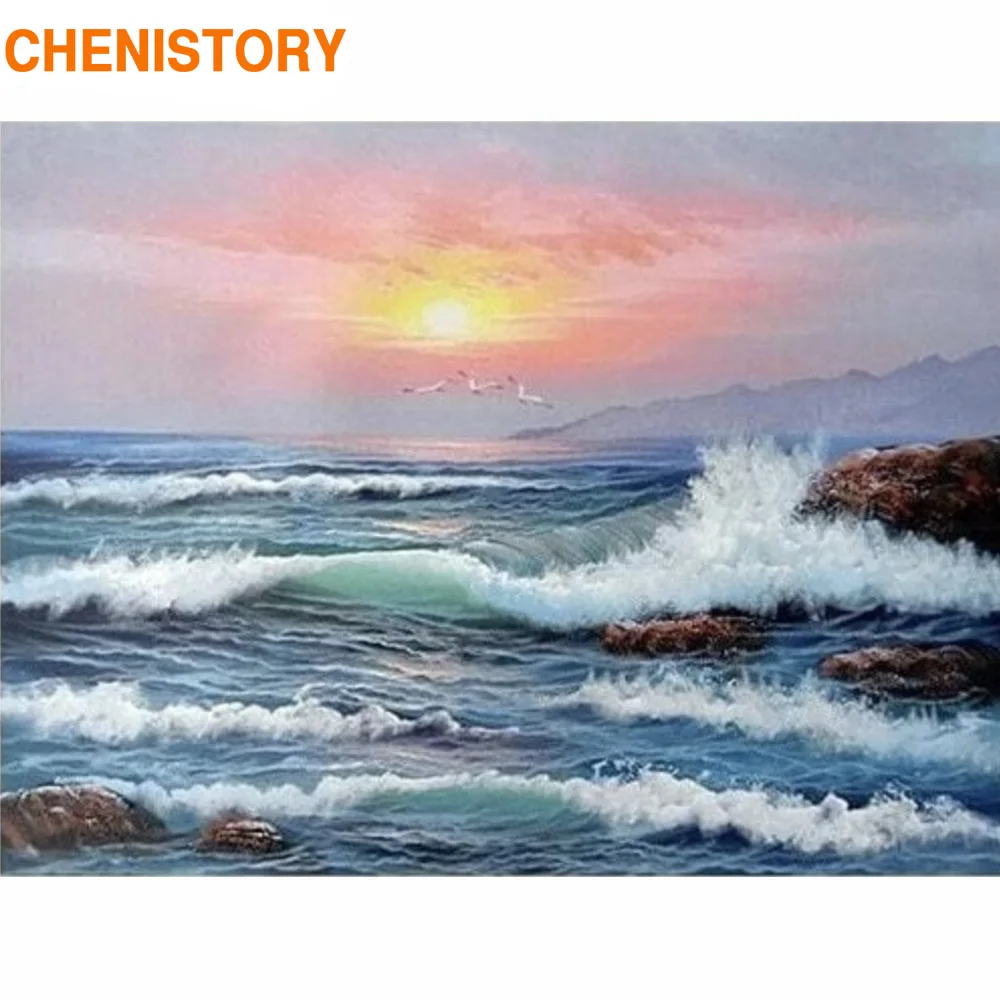 CHENISTORY Frame Diy Painting By Numbers Wave Seascape Modern Wall Art Picture By Numbers Kit Home Decoration Coloring By Number