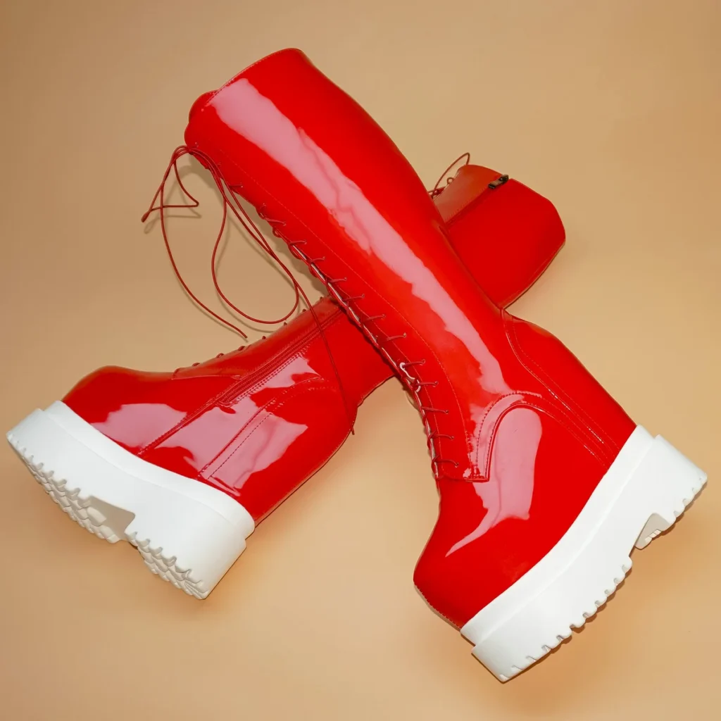 Winter Wedges High Heel Pumps Women Lace Up Patent Leather Knee High Motorcycle Boots Thick Platform Chunky Sneakers Casual Shoe